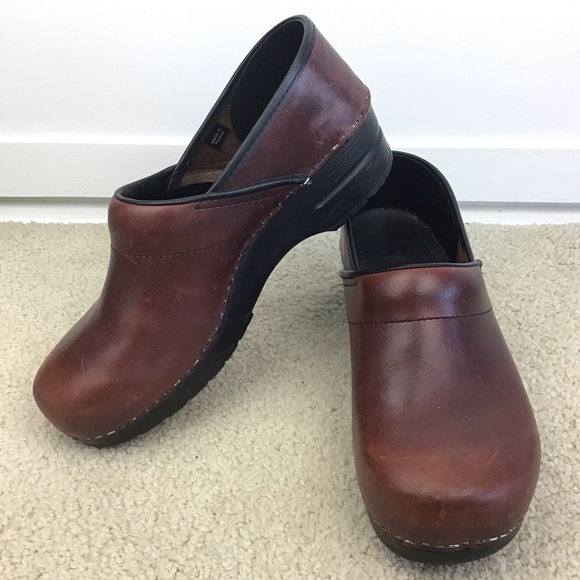 brown leather nursing clogs